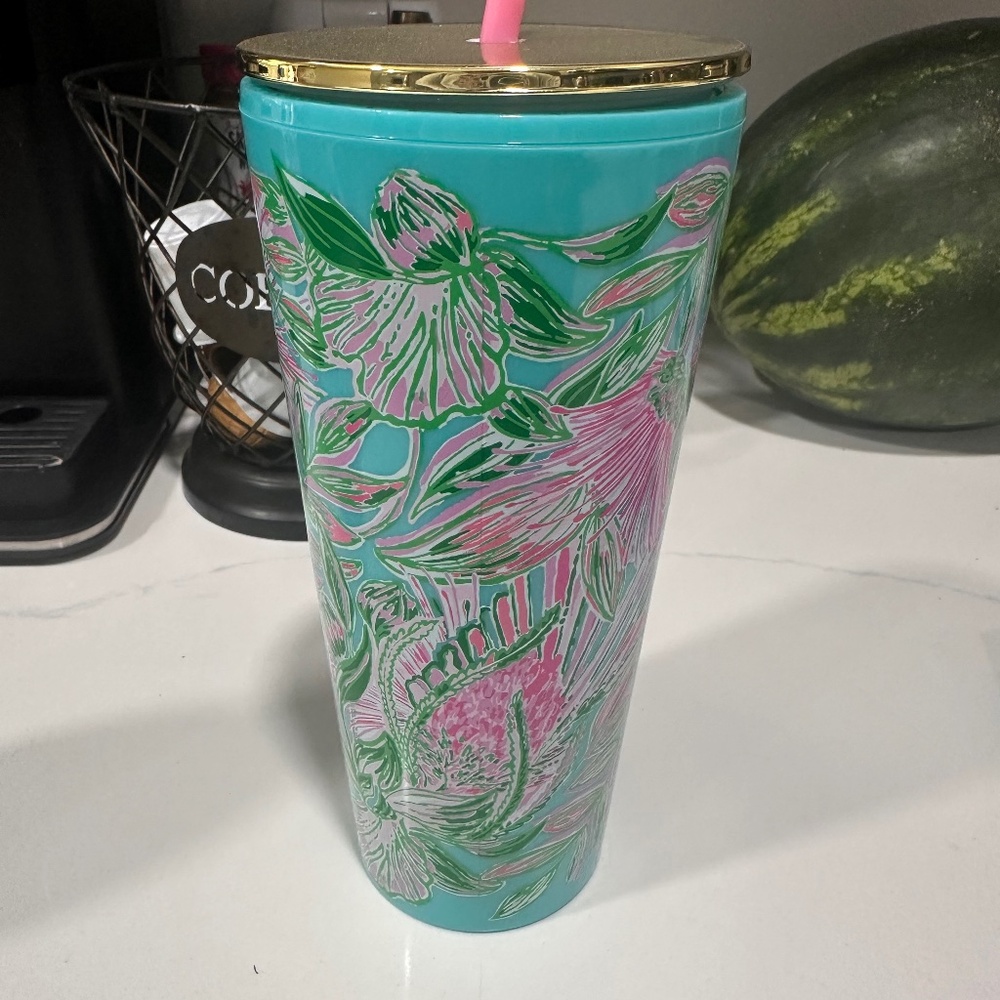 Lilly Pulitzer tumbler with plastic straw